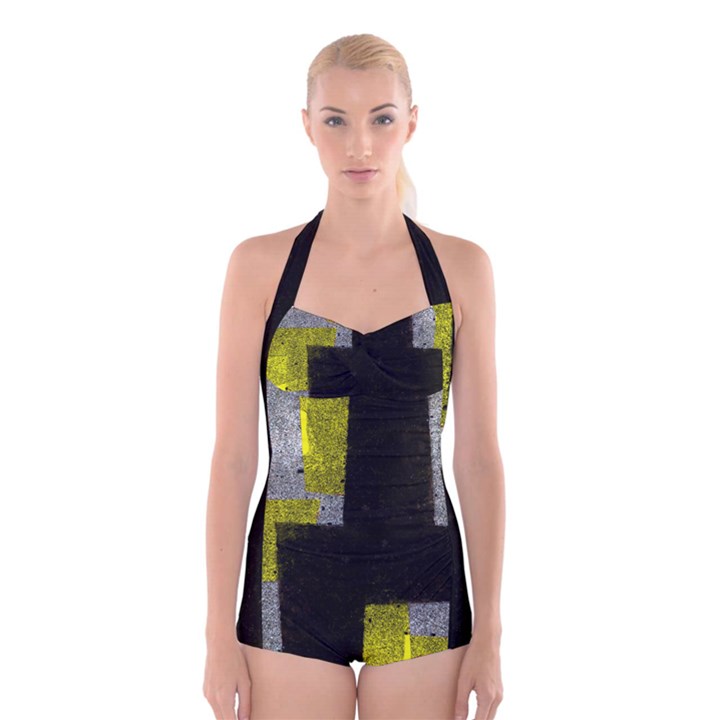 Abstract Tiles Boyleg Halter Swimsuit 