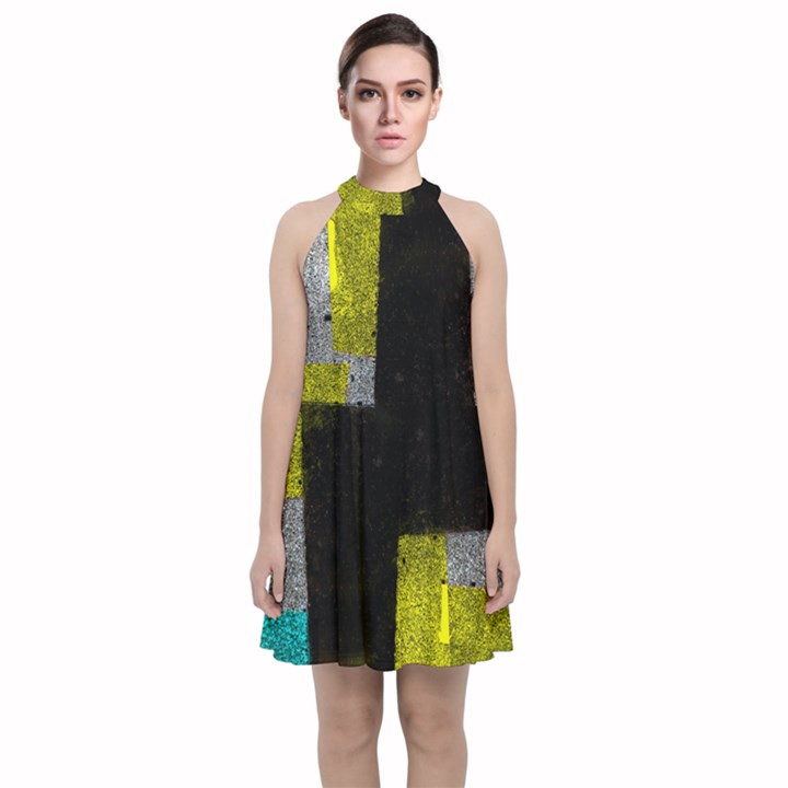 Abstract Tiles Velvet Halter Neckline Dress 