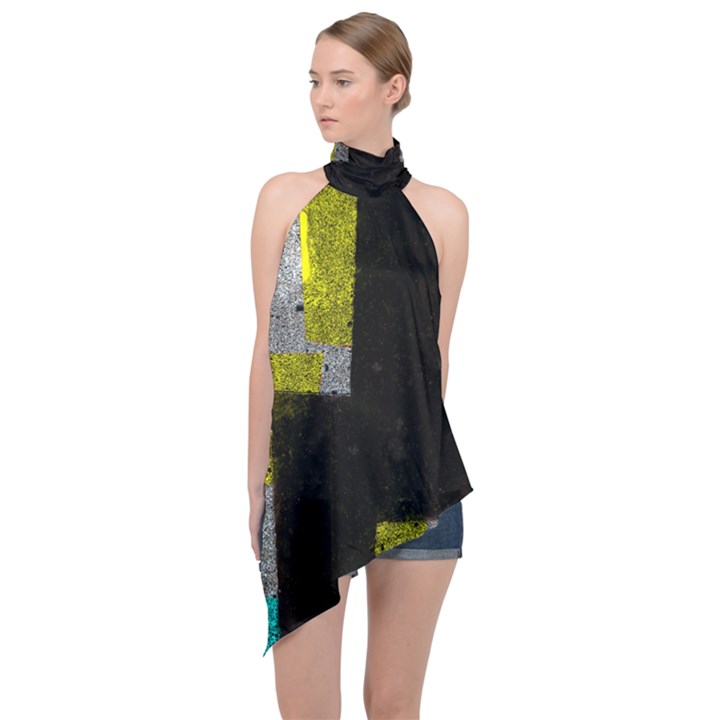 Abstract Tiles Halter Asymmetric Satin Top