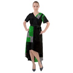 Abstract Tiles Front Wrap High Low Dress