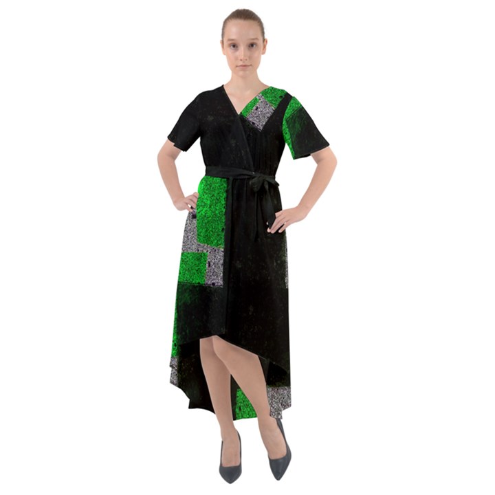 Abstract Tiles Front Wrap High Low Dress