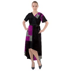 Abstract Tiles Front Wrap High Low Dress