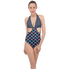 Geo Rainbow Stroke Halter Front Plunge Swimsuit by tmsartbazaar