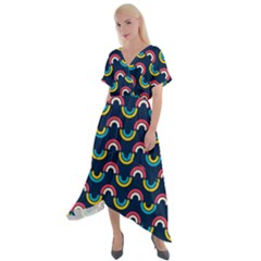 Geo Rainbow Stroke Cross Front Sharkbite Hem Maxi Dress by tmsartbazaar