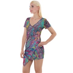 Abstract Marbling Short Sleeve Asymmetric Mini Dress