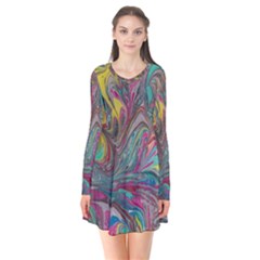 Abstract Marbling Long Sleeve V-neck Flare Dress by kaleidomarblingart