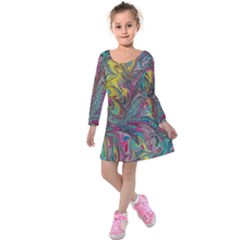 Abstract Marbling Kids  Long Sleeve Velvet Dress