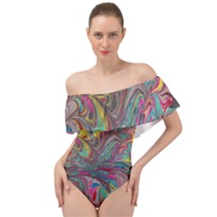 Abstract Marbling Off Shoulder Velour Bodysuit 