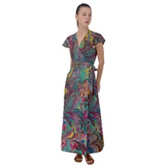 Abstract Marbling Flutter Sleeve Maxi Dress