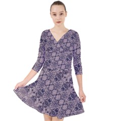 Violet Textured Mosaic Ornate Print Quarter Sleeve Front Wrap Dress