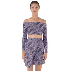 Violet Textured Mosaic Ornate Print Off Shoulder Top With Skirt Set by dflcprintsclothing