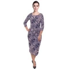 Violet Textured Mosaic Ornate Print Quarter Sleeve Midi Velour Bodycon Dress