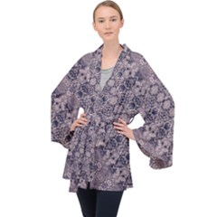 Violet Textured Mosaic Ornate Print Long Sleeve Velvet Kimono  by dflcprintsclothing