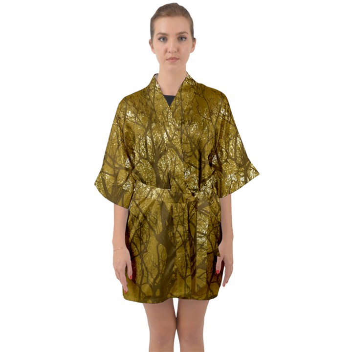 Forest Landscape Illustration 2 Half Sleeve Satin Kimono 