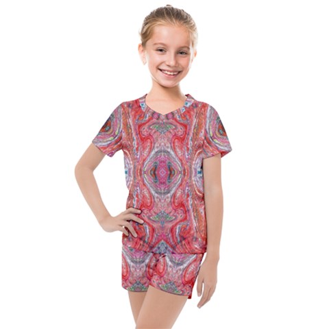 Intricate Red Marbling Kids  Mesh Tee And Shorts Set by kaleidomarblingart