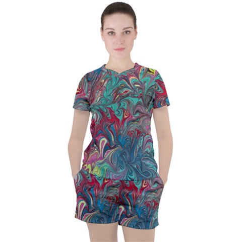 Psychedelic Marbling Patterns Iv Women s Tee And Shorts Set by kaleidomarblingart