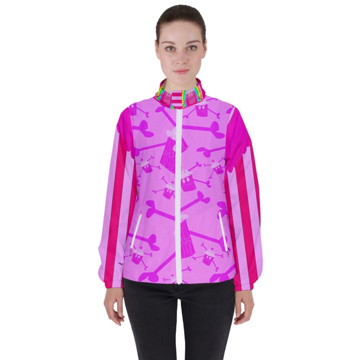 Cccartonnslogobg7 Cupycakescollage11pinknewbkgrd* Jokerscullzzz7117 Logohotpinkpattern Women s High Neck Windbreaker