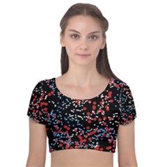 Multicolored Bubbles Motif Abstract Pattern Velvet Short Sleeve Crop Top 