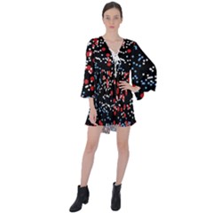 Multicolored Bubbles Motif Abstract Pattern V-neck Flare Sleeve Mini Dress by dflcprintsclothing