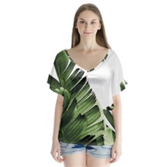 Green Banana Leaves V-neck Flutter Sleeve Top by goljakoff