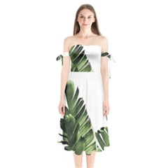 Green Banana Leaves Shoulder Tie Bardot Midi Dress by goljakoff