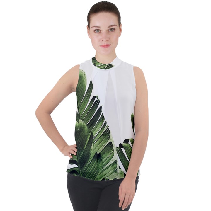 Green banana leaves Mock Neck Chiffon Sleeveless Top