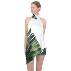 Green Banana Leaves Halter Asymmetric Satin Top by goljakoff