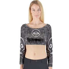 Skull And Spider Web On Dark Background Long Sleeve Crop Top