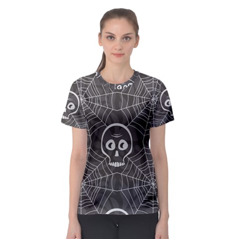 Skull And Spider Web On Dark Background Women s Sport Mesh Tee by FloraaplusDesign