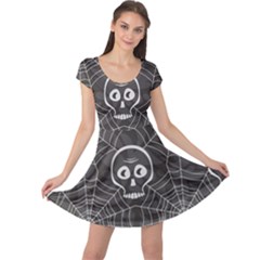 Skull And Spider Web On Dark Background Cap Sleeve Dress by FloraaplusDesign