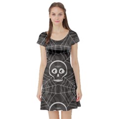 Skull And Spider Web On Dark Background Short Sleeve Skater Dress