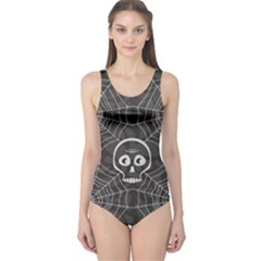 Skull And Spider Web On Dark Background One Piece Swimsuit by FloraaplusDesign