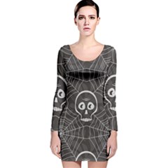 Skull And Spider Web On Dark Background Long Sleeve Velvet Bodycon Dress