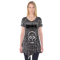 Skull And Spider Web On Dark Background Short Sleeve Tunic  by FloraaplusDesign