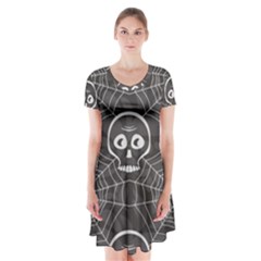 Skull And Spider Web On Dark Background Short Sleeve V-neck Flare Dress by FloraaplusDesign