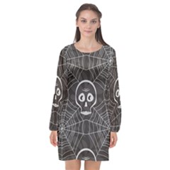 Skull And Spider Web On Dark Background Long Sleeve Chiffon Shift Dress  by FloraaplusDesign