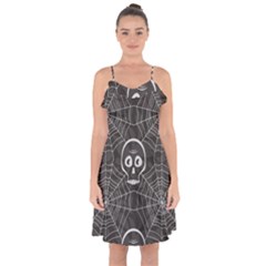 Skull And Spider Web On Dark Background Ruffle Detail Chiffon Dress