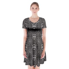 Skull And Spider Web On Dark Background Short Sleeve V-neck Flare Dress by FloraaplusDesign