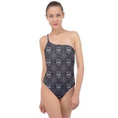 Skull And Spider Web On Dark Background Classic One Shoulder Swimsuit by FloraaplusDesign