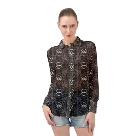 Skull And Spider Web On Dark Background Long Sleeve Chiffon Shirt by FloraaplusDesign