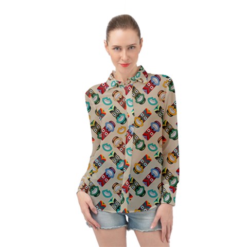 Ethnic Tribal Masks Long Sleeve Chiffon Shirt by tmsartbazaar