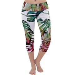 Watercolor Monstera Leaves Capri Yoga Leggings by goljakoff