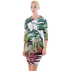 Watercolor Monstera Leaves Quarter Sleeve Hood Bodycon Dress by goljakoff