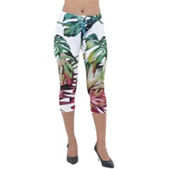 Watercolor Monstera Leaves Lightweight Velour Capri Leggings  by goljakoff