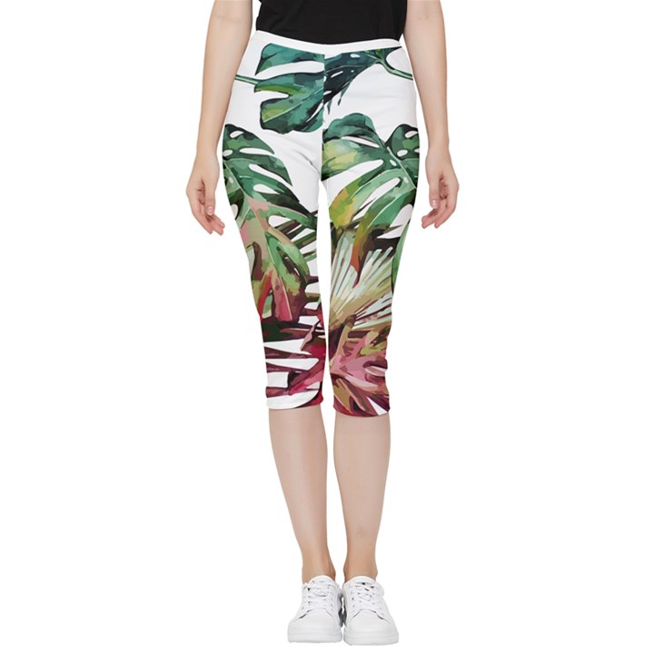 Watercolor monstera leaves Inside Out Lightweight Velour Capri Leggings 