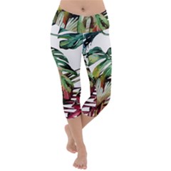 Watercolor Monstera Leaves Lightweight Velour Capri Yoga Leggings by goljakoff