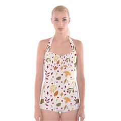 Pretty Leaves Pattern Boyleg Halter Swimsuit  by designsbymallika