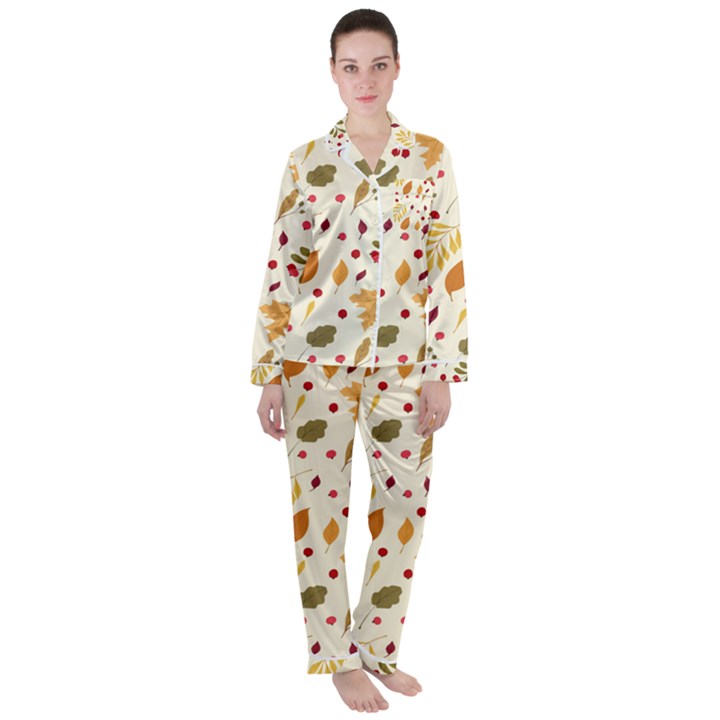 Pretty Leaves Pattern Satin Long Sleeve Pyjamas Set