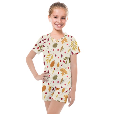 Pretty Leaves Pattern Kids  Mesh Tee And Shorts Set by designsbymallika