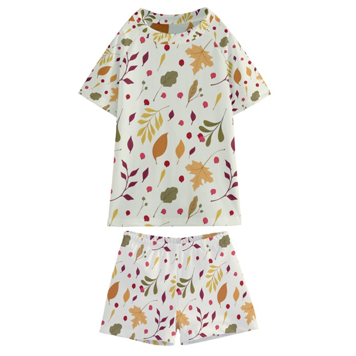 Pretty Leaves Pattern Kids  Swim Tee and Shorts Set